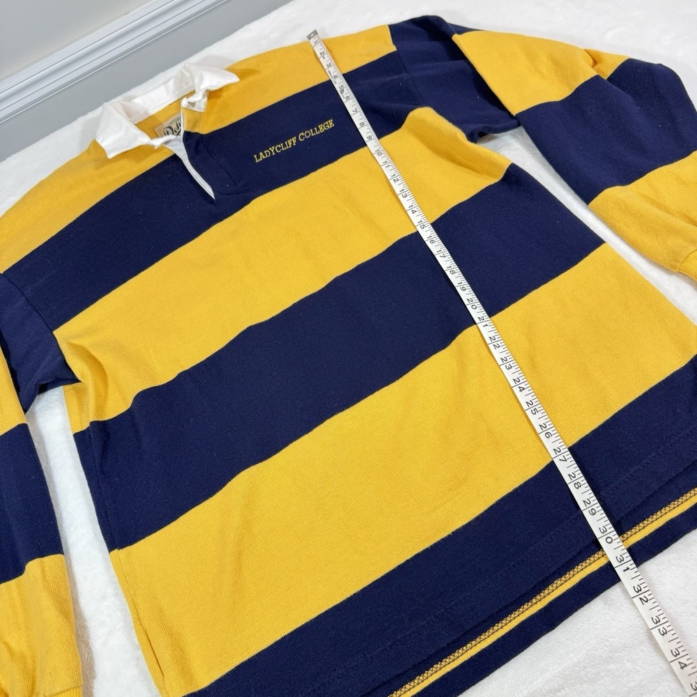 Vtg Dehen Ladycliff College Rugby Polo Shirt Mens LG Colorblock LS Yellow Navy - Picture 8 of 10